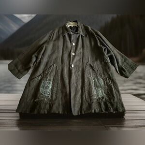 Blue Fish XL Black Hemp Lined Cotton Asian Artsy Hand Painted Duster Coat Jacket